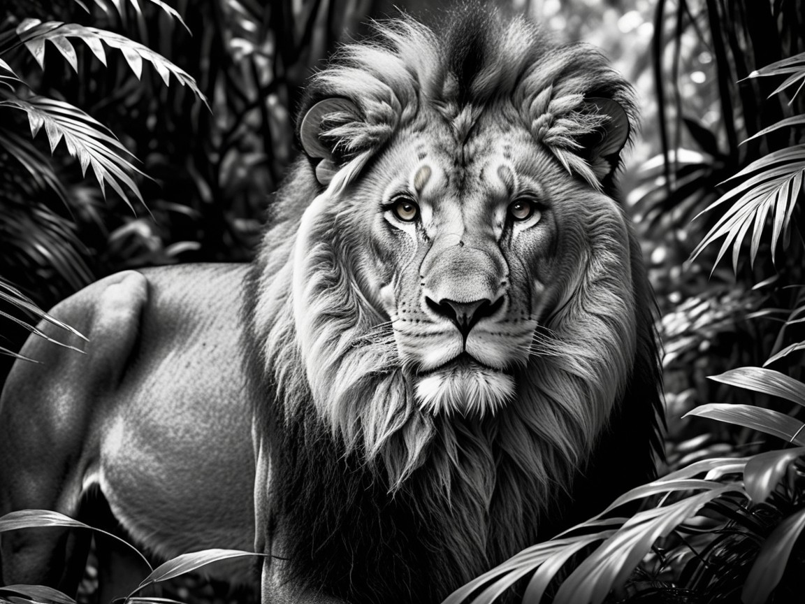 Majestic Lion in Black and White Amidst Greenery