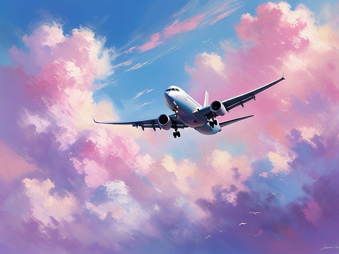 Sleek Airplane in Vibrant Sky with Clouds and Birds