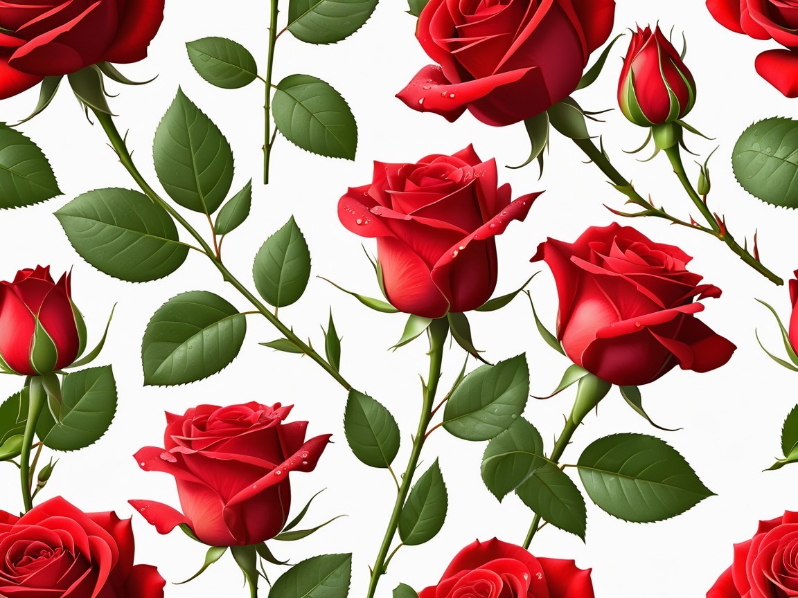 Vibrant Red Roses with Green Leaves on White Background