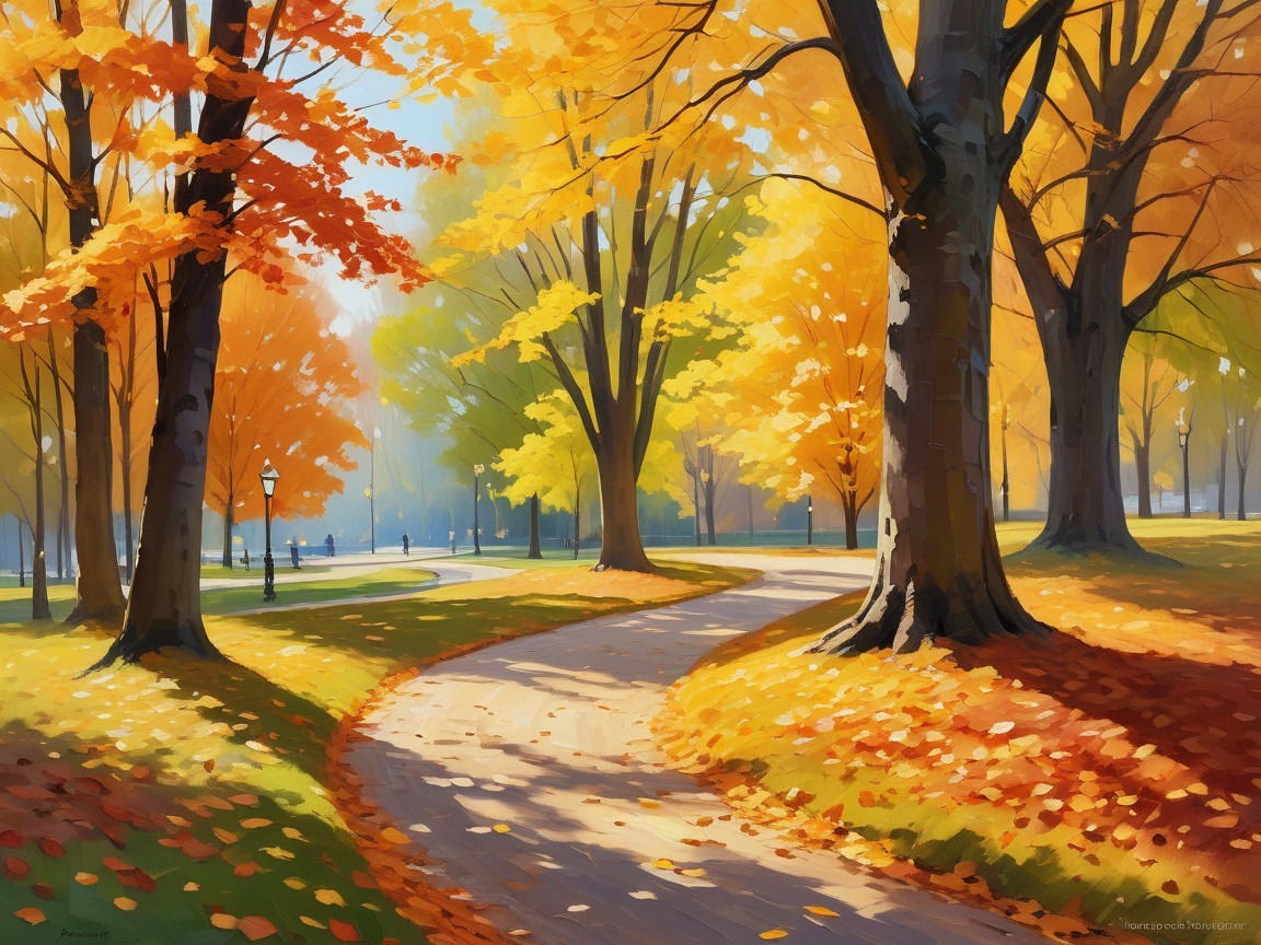Autumn Park Scene with Vibrant Foliage and Pathway