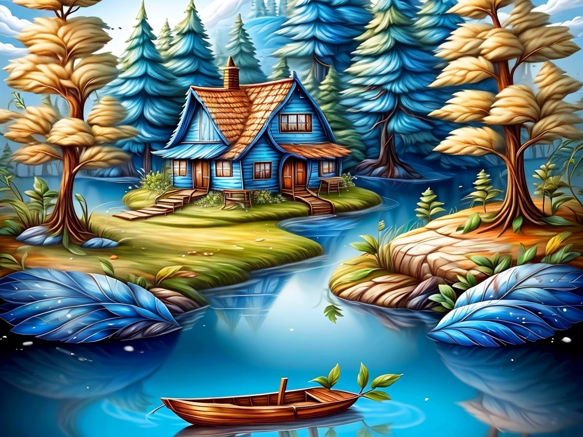 Blue Cabin on Island with Vibrant Trees and River