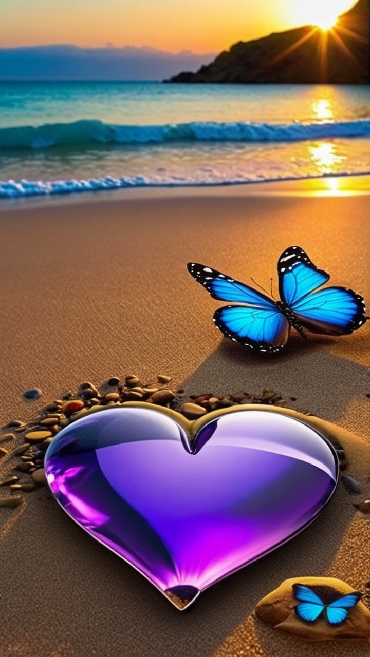 Serene Beach Scene with Gemstone and Butterflies