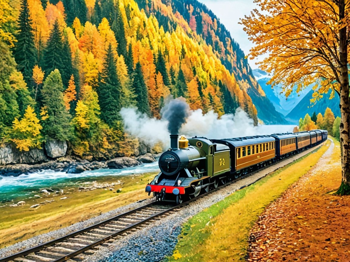 Vintage steam train on scenic autumn railway
