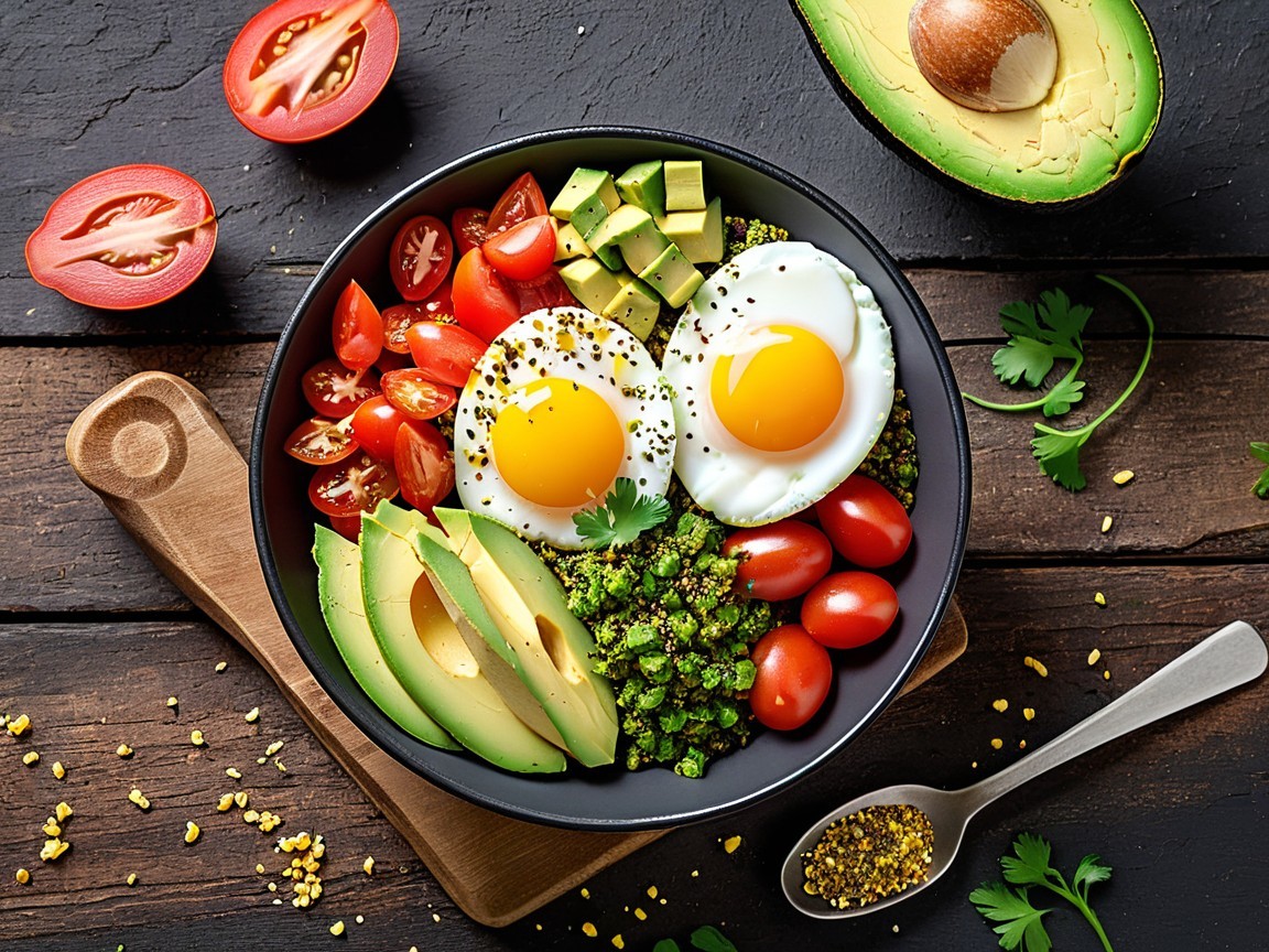 Vibrant Bowl of Sunny-Side-Up Eggs and Fresh Ingredients