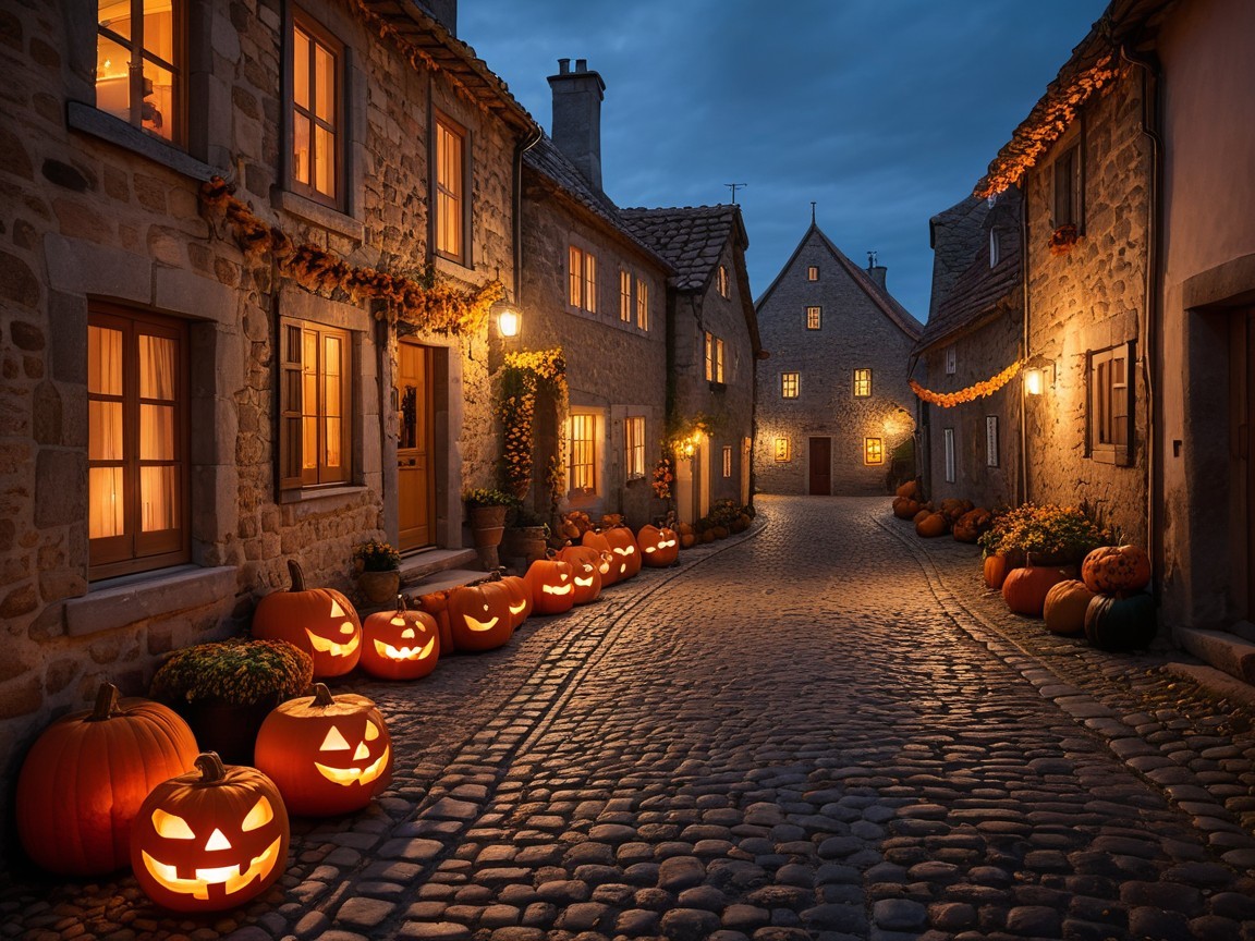 Cozy Halloween Scene on a Cobblestone Street