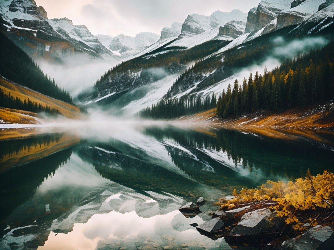 Serene Lake Surrounded by Snow-Capped Mountains