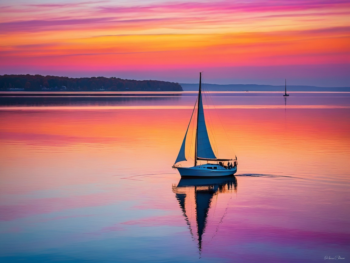 Sunset Serenity Over Water with Sailboats