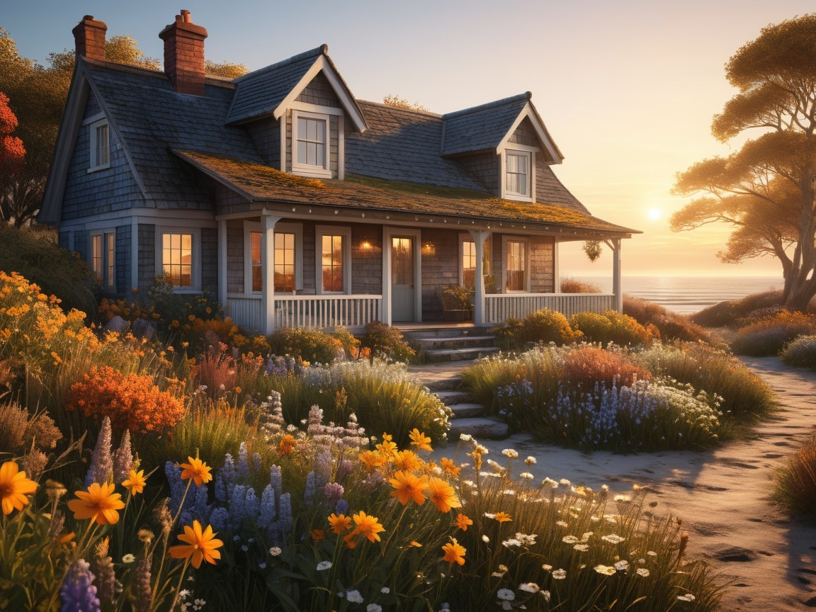 Charming Cottage by the Shore with Vibrant Flowers