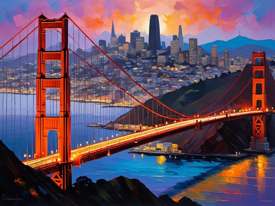Golden Gate Bridge at Sunset Over San Francisco Bay