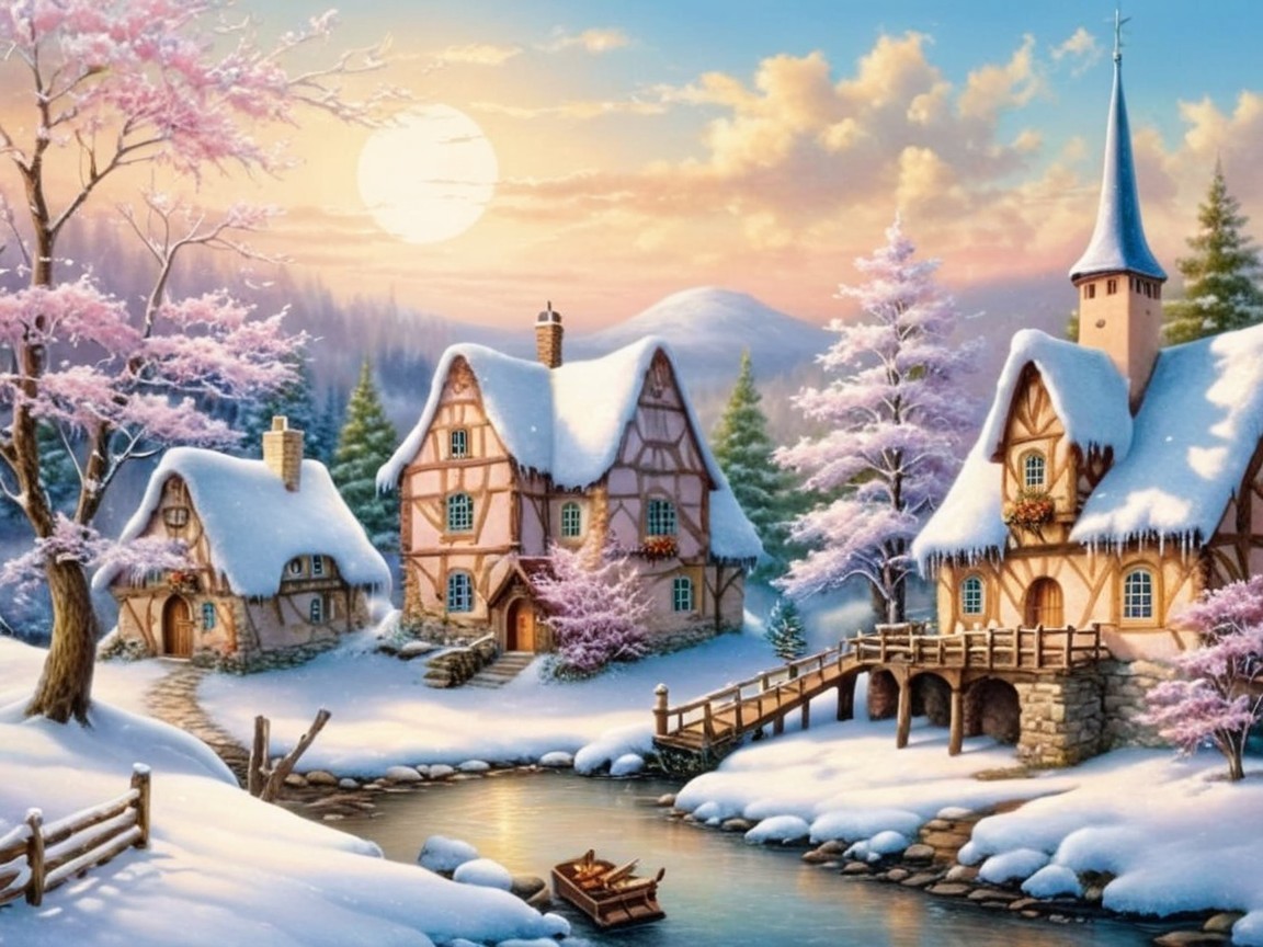 Vibrant Storybook Winter Wonderland with Cottages