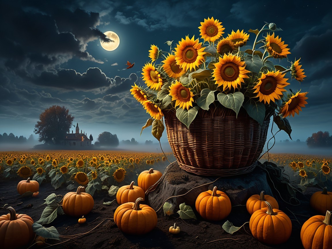 Moonlit Scene with Sunflowers and Pumpkins