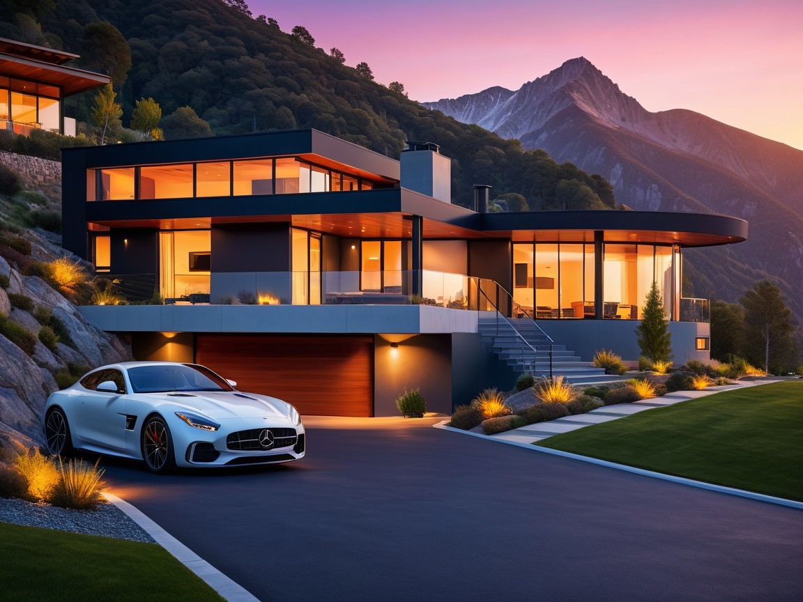Sleek White Sports Car by Modern Home with Mountain View