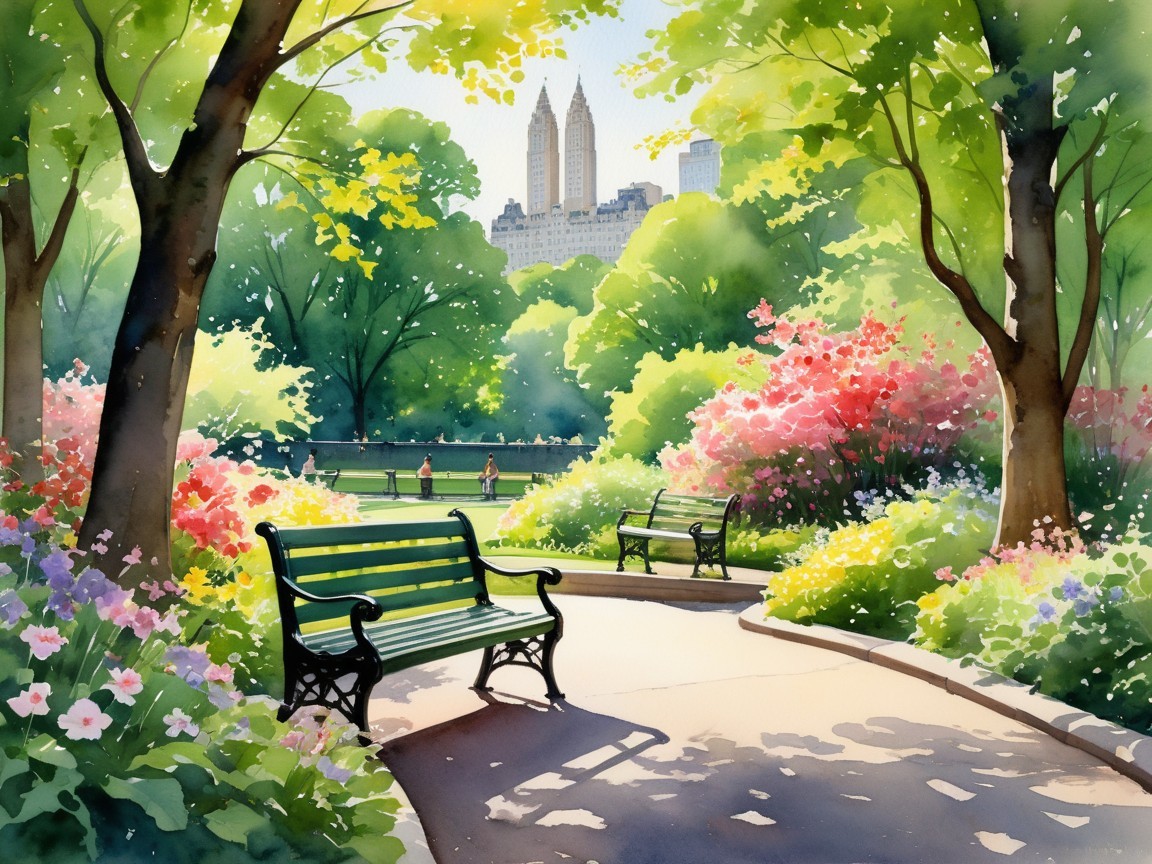 Serene Park Scene with Vibrant Flowers and Trees