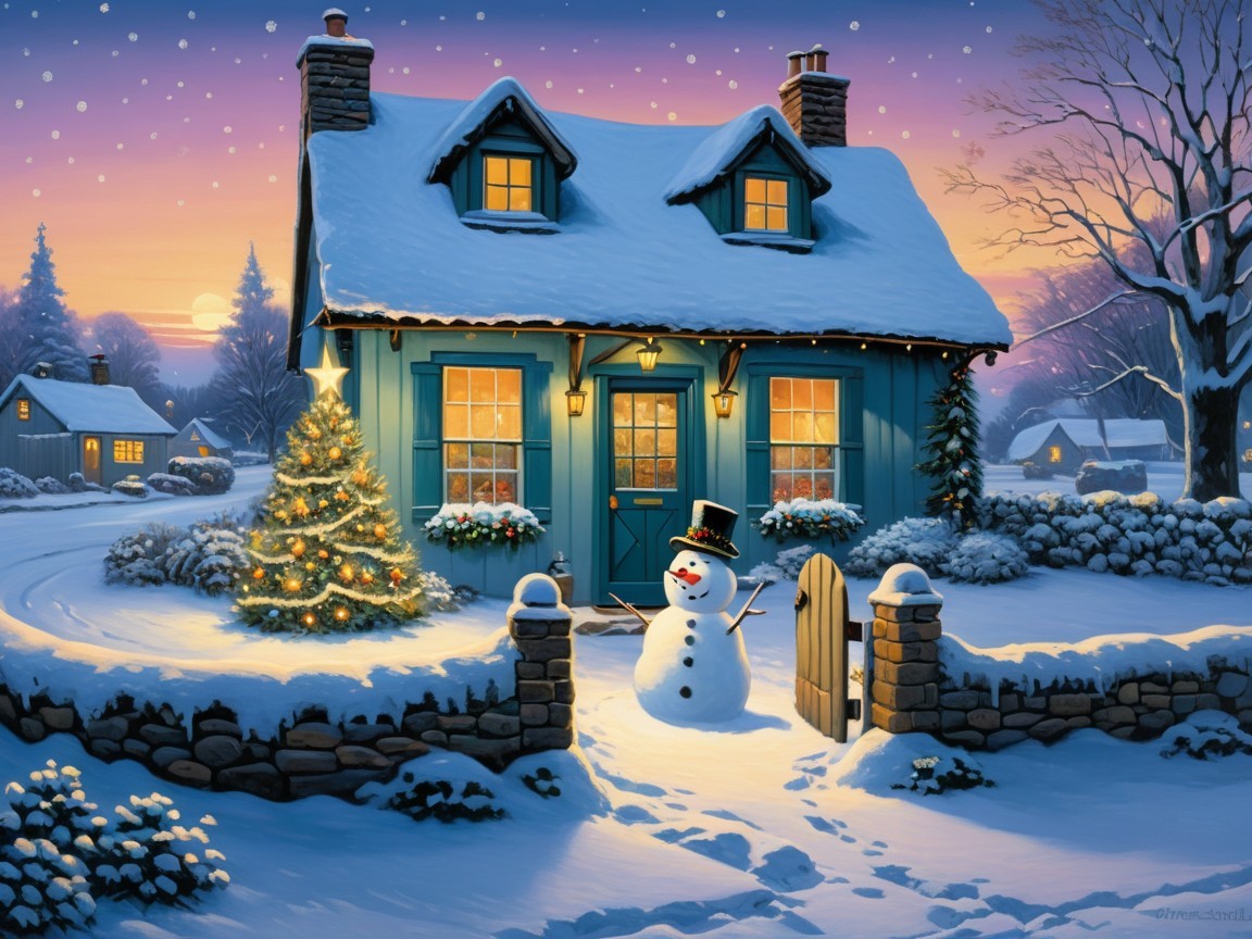 Cozy Blue Cottage in a Winter Wonderland Scene