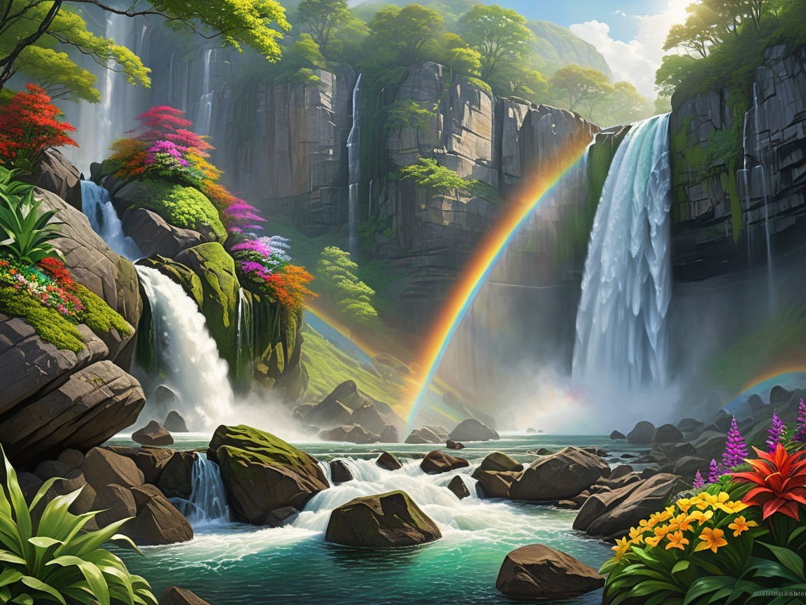 Cascading Waterfalls in a Lush Green Landscape