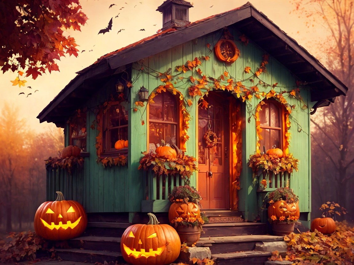 Charming Green Cottage Decorated for Halloween