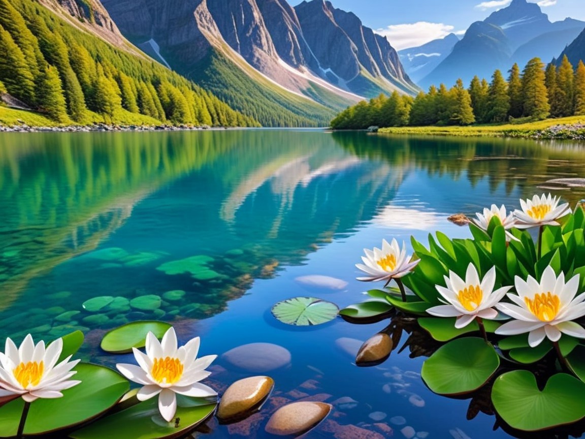 Serene lake with mountains and water lilies in sunlight
