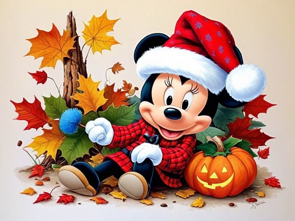 Minnie Mouse in Festive Autumn Scene with Pumpkin