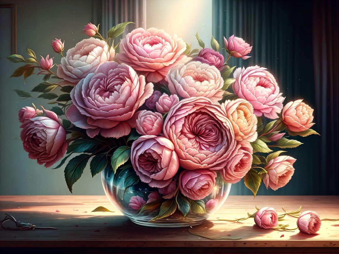 Lush Pink Peonies in Glass Vase with Rose Buds