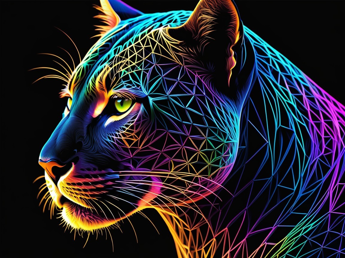 Abstract Jaguar Face with Neon Lines and Shapes