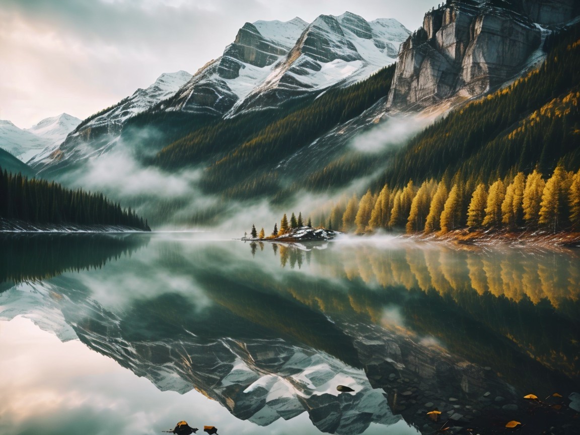 Snow-Capped Mountains and Lake in Serene Landscape