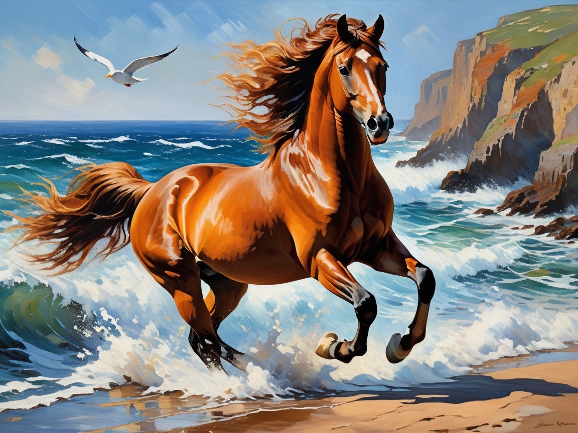 Chestnut Horse Galloping on Sandy Beach with Cliffs