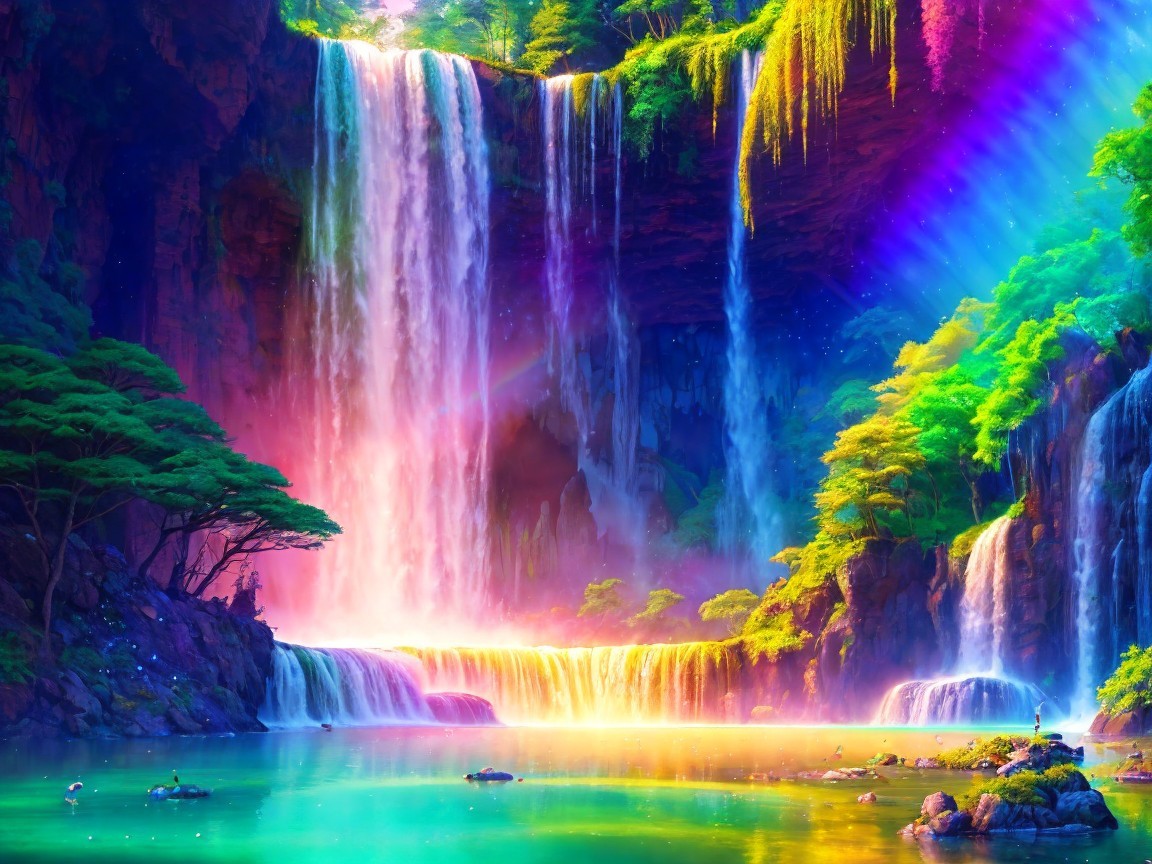 Vibrant Waterfall Surrounded by Lush Greenery and Rainbows