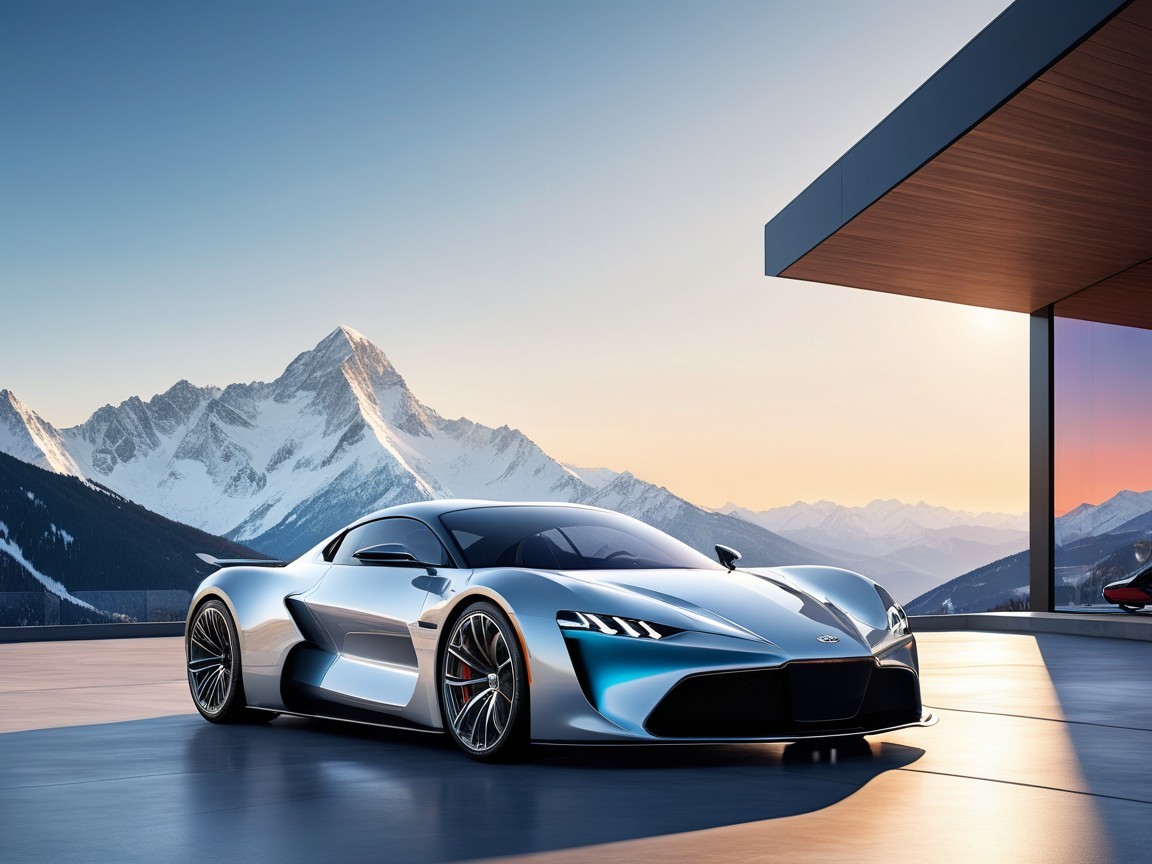 Futuristic Sports Car on Deck with Mountain Sunset View
