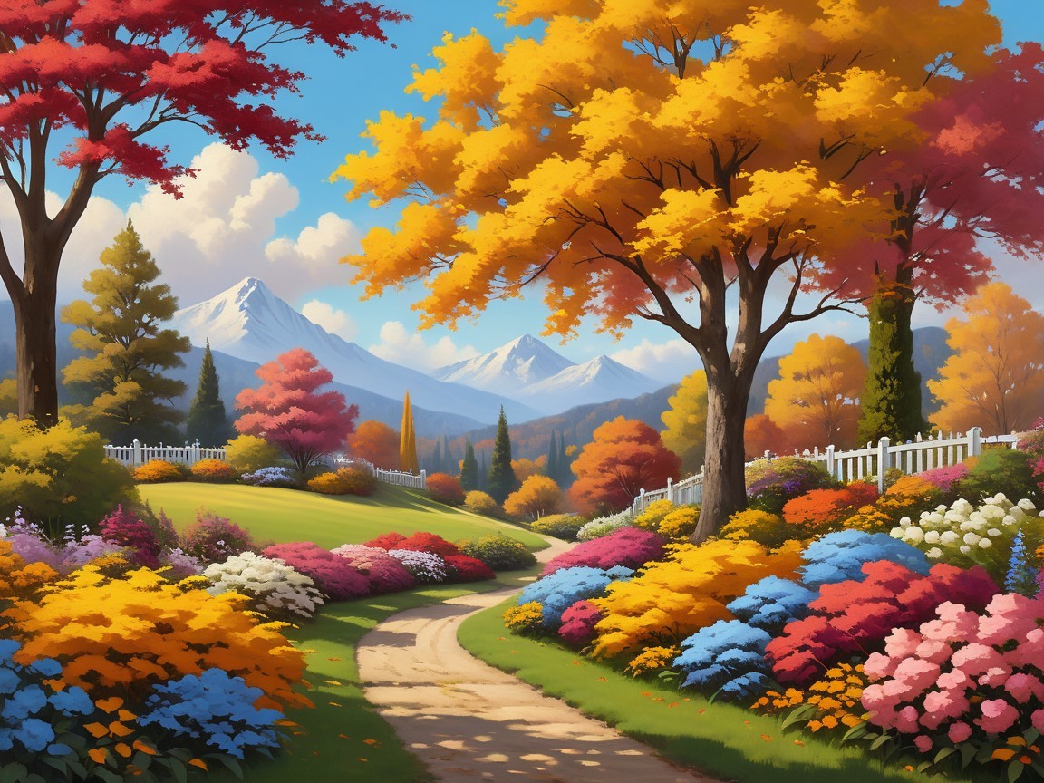 Autumn Landscape with Winding Path and Colorful Garden