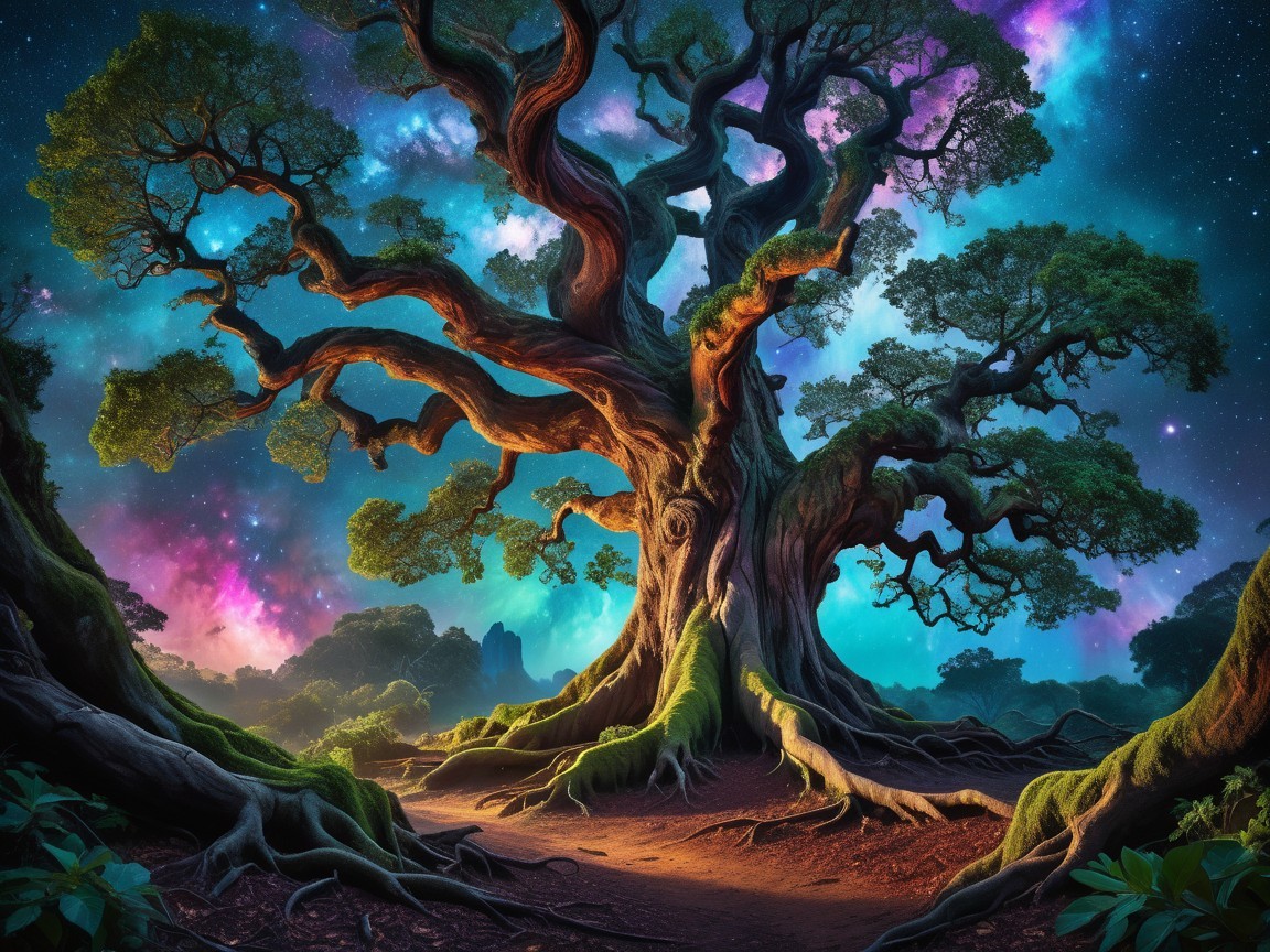 Ancient tree in vibrant, otherworldly landscape
