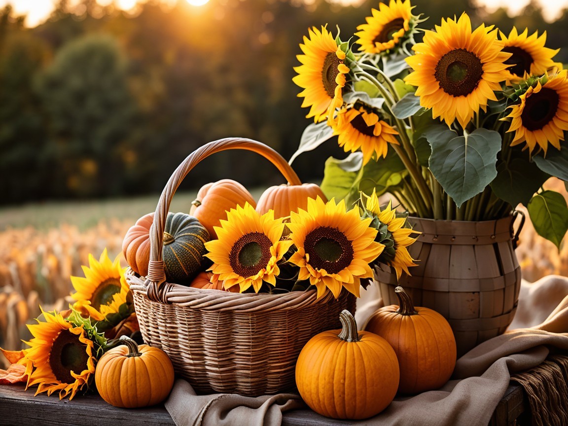 Warm Autumn Scene with Pumpkins and Sunflowers