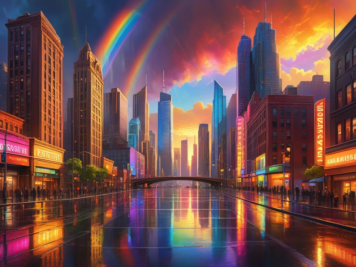 Vibrant Cityscape at Dusk with Neon Lights and Rain