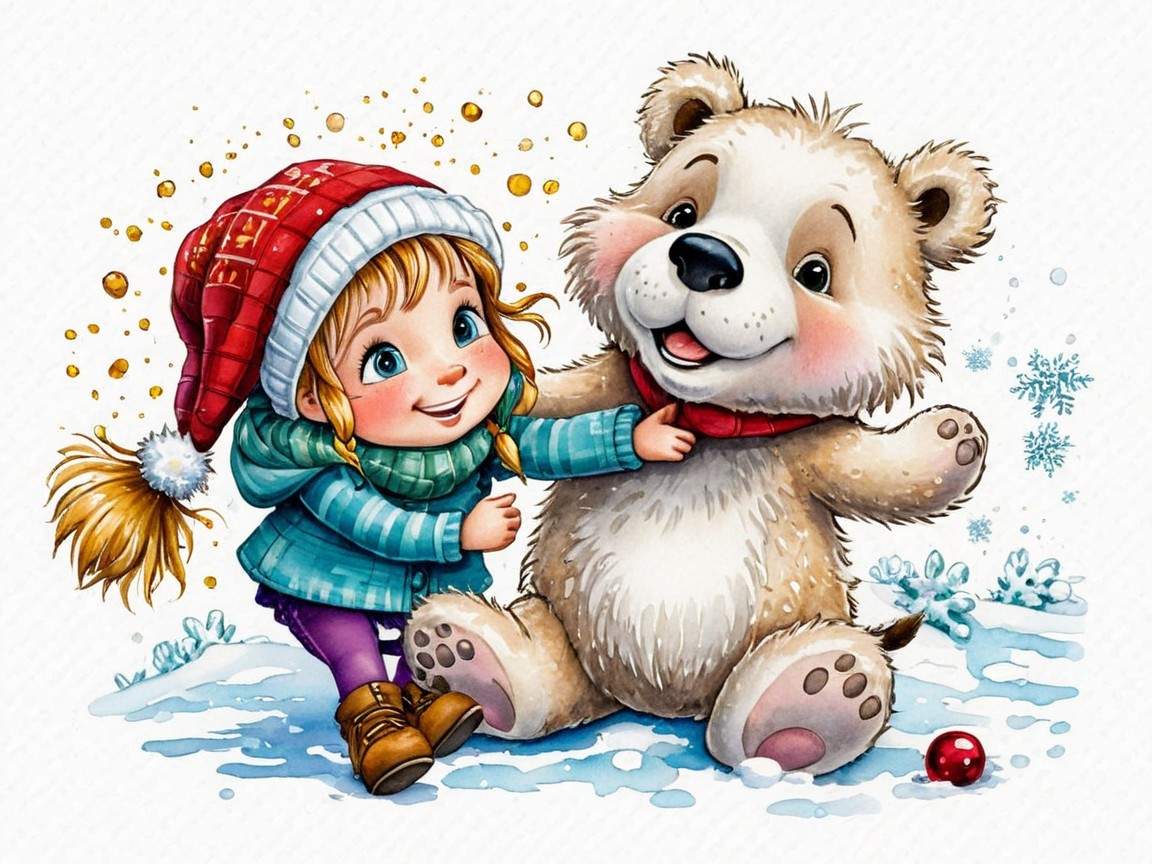 Cheerful girl with bear in snowy winter landscape