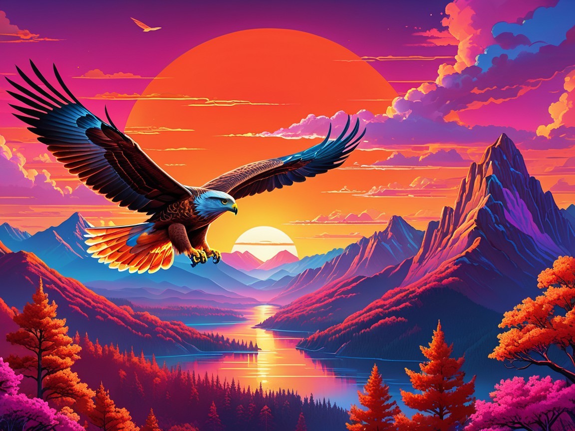 Eagle Soaring Over Vibrant Sunset Landscape