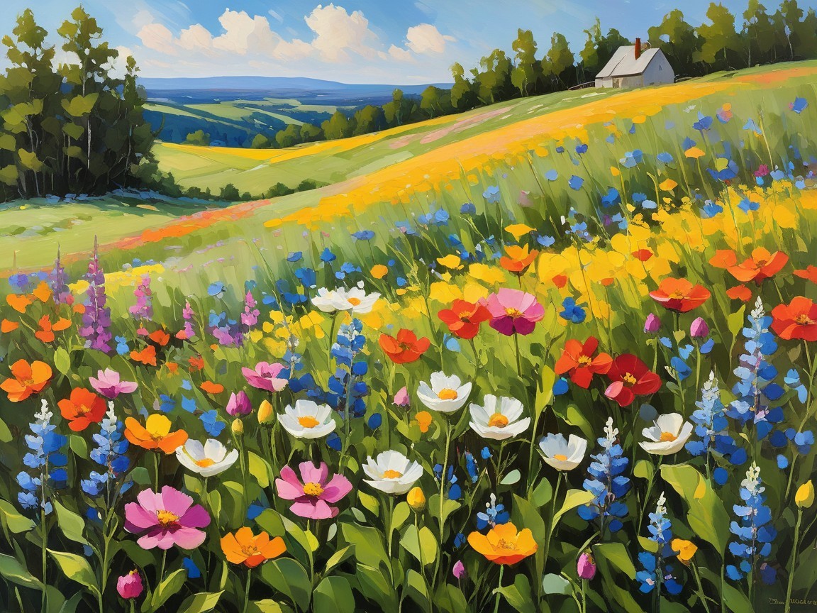 Vibrant Landscape with Wildflowers and Cottage