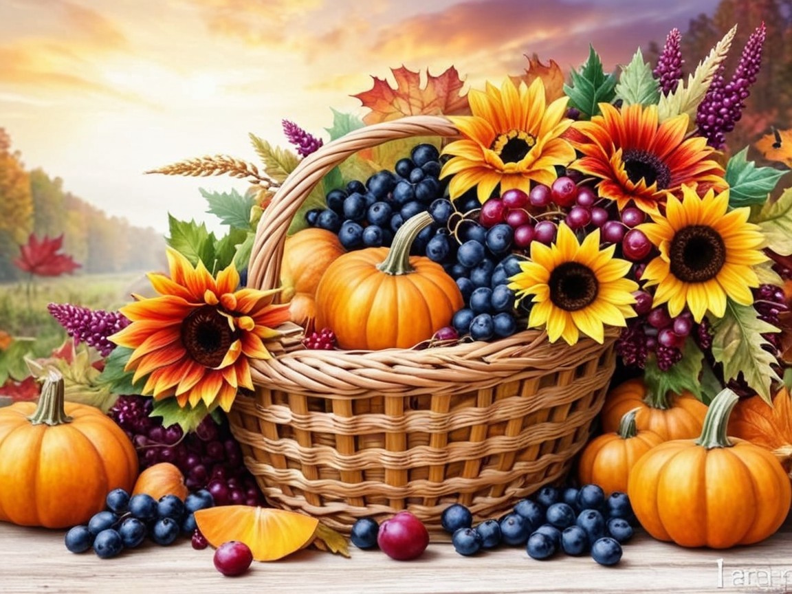 Wicker Basket Filled with Autumn Harvest Elements