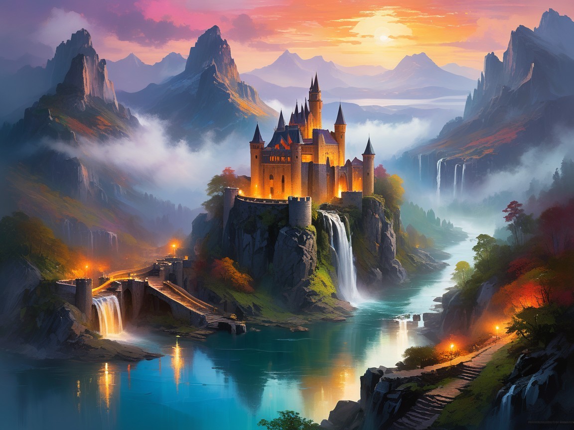 Castle on a Cliff with Waterfalls and Golden Light