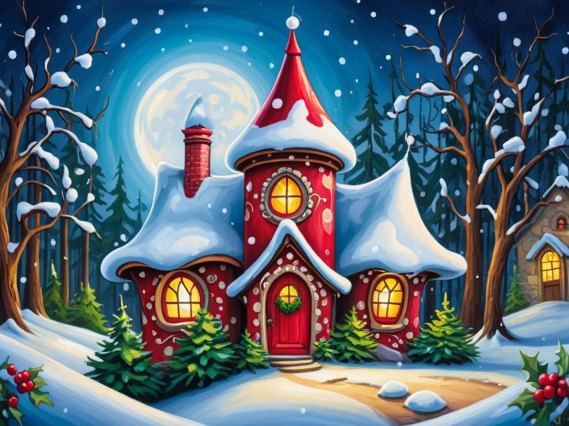 Whimsical Red House in Snowy Fantasy Landscape
