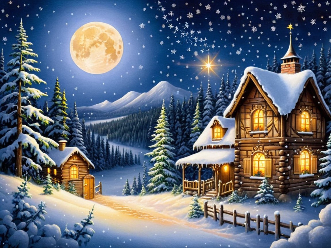 Cozy Log Cabin in Serene Winter Landscape at Night