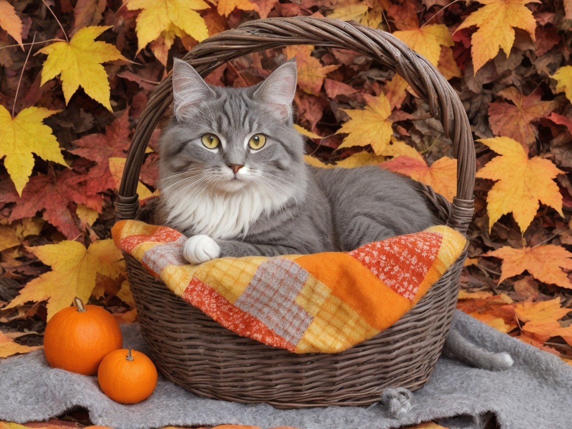 Fluffy gray cat in basket with autumn leaves and oranges