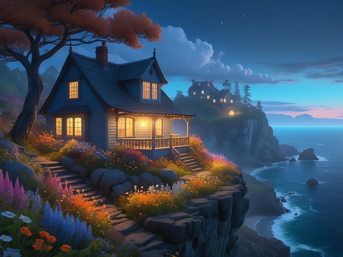 Charming Blue House on Rugged Coastline at Twilight