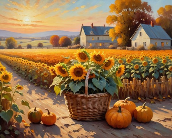 Autumn Scene with Sunflowers, Pumpkins, and Houses