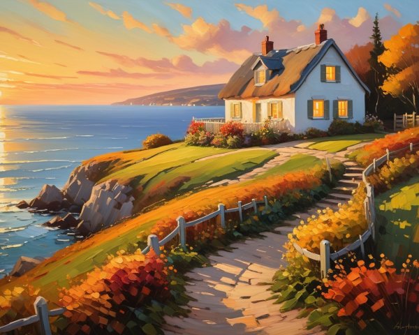 Seaside Cottage Surrounded by Autumn Foliage at Sunset