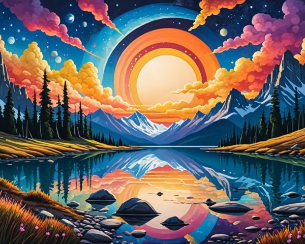 Vibrant Landscape with Serene Lake and Sunset Reflection