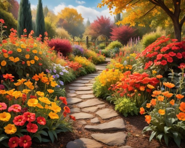 Vibrant Garden Path Surrounded by Colorful Flowers