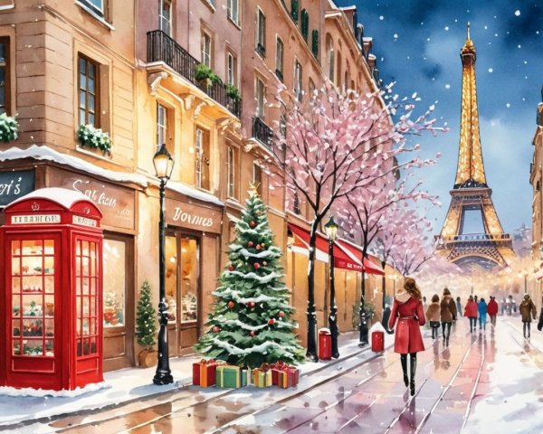 Winter Scene of Paris with Cherry Blossoms and Snow