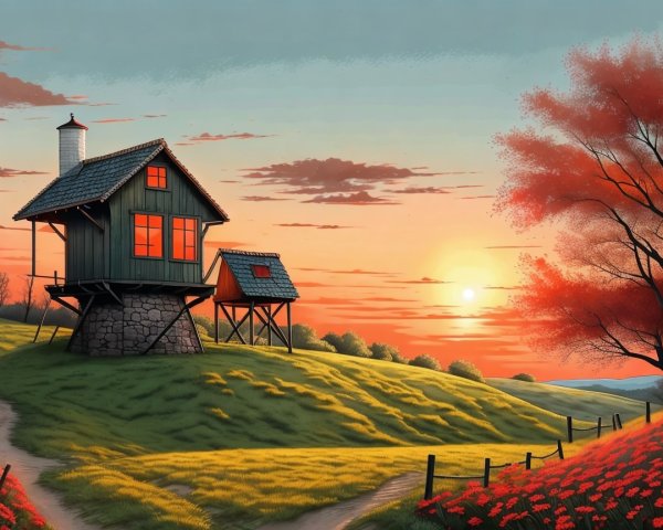 Countryside Scene with Wooden House and Sunset