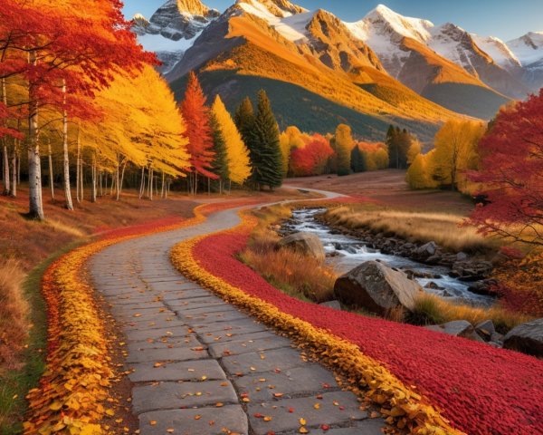 Autumn Landscape with Stone Path and Snowy Mountains