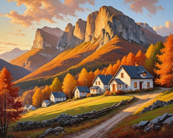 Charming Village in Vibrant Autumn Landscape