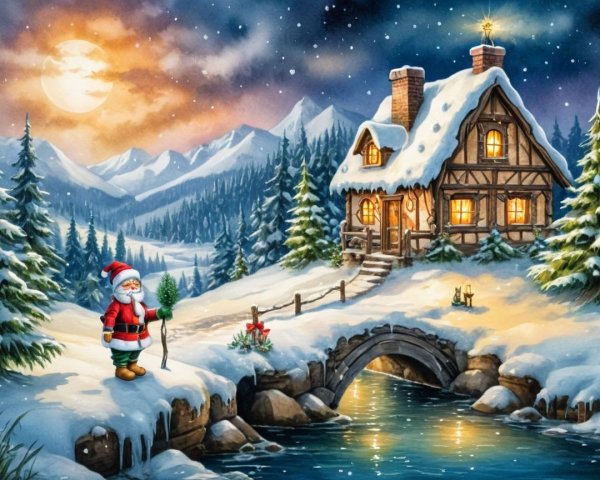 Cozy Winter Cottage Scene with Santa Claus and Moonlight